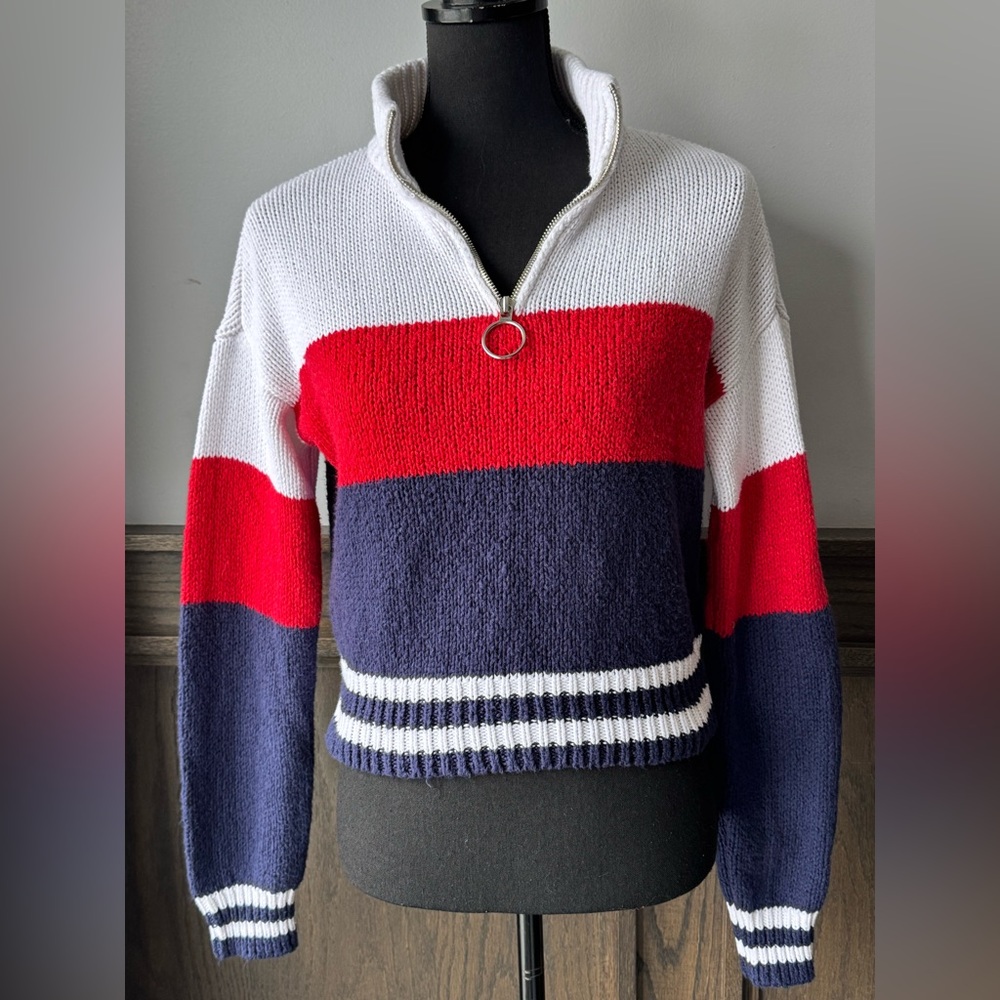 La Hearts Red, White, and Navy Cowl Sweater